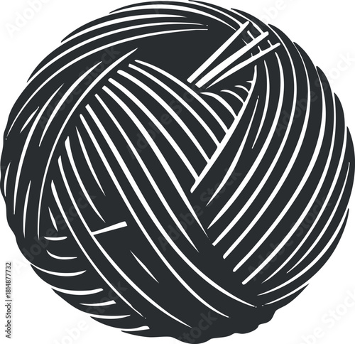 Monochrome illustration of a yarn ball, showcasing intricate thread patterns and texture details.