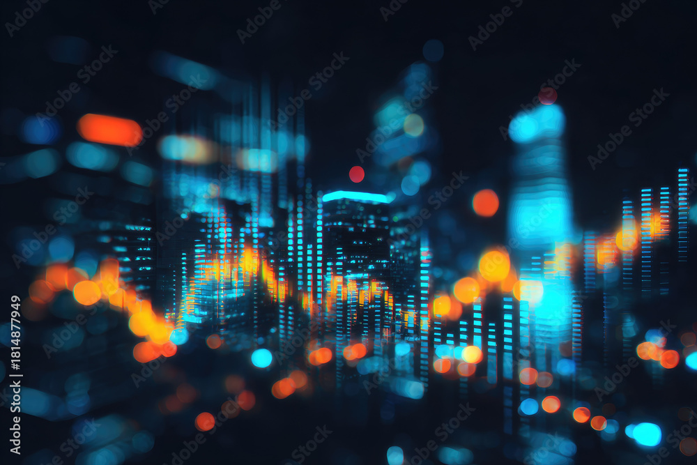 Fototapeta premium Defocused financial district at night with blurred skyscrapers, glowing city lights, abstract stock market graph, futuristic urban skyline, vibrant colors, energetic atmosphere