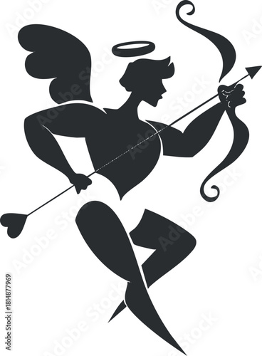 Silhouette of a cupid angel with wings and halo holding an arrow, symbolizing love and romance.