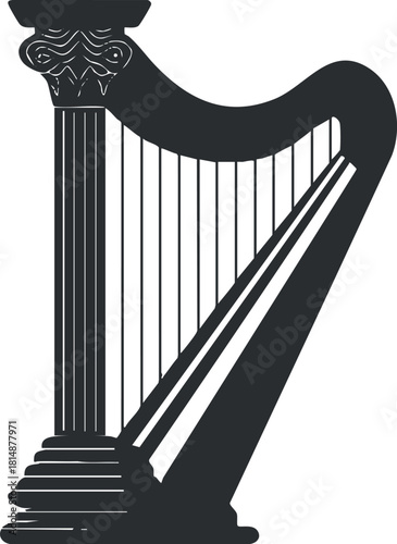 Silhouette of a classical harp with ornate details in black and white.