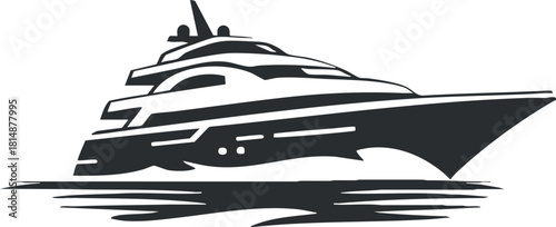 Black and white silhouette illustration of a luxury yacht on the water, emphasizing elegance and travel.