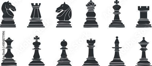 Silhouette illustration of classic chess pieces including king, queen, rook, bishop, knight, and pawn.