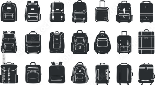 Illustration of various black and white backpacks and suitcases in different styles and designs.