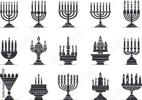 Black and white vector illustrations of menorahs, symbolizing Jewish tradition and Hanukkah celebration.
