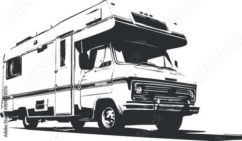 Black and white illustration of a camper van, highlighting a classic motorhome design for travel.