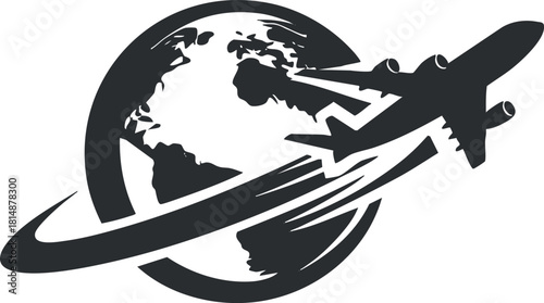 Silhouette of an airplane circling the globe, symbolizing global travel and aviation.