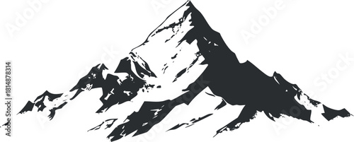 Black and white silhouette illustration of a mountain peak with snow and rugged terrain.