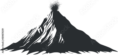 Black and white illustration of a volcano erupting with ash and lava, in silhouette style.