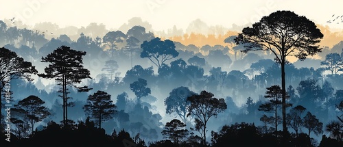 Dense rainforest illustration with evening sun setting high resolution picture