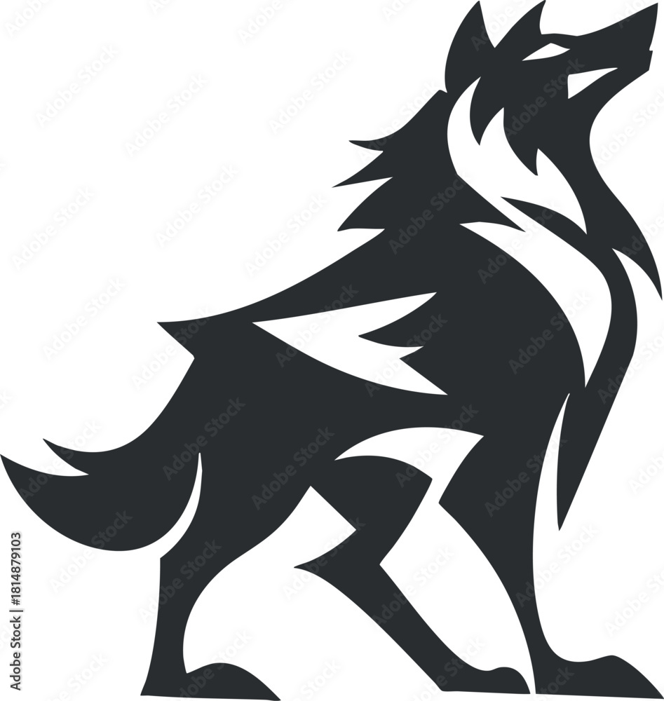 Obraz premium Black and white wolf silhouette design, showcasing a stylized and abstract depiction of a howling wolf.
