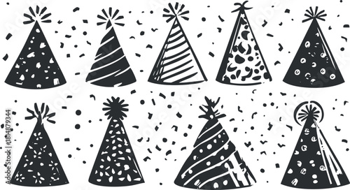 Illustration of various black and white party hats with confetti patterns for festive celebrations.