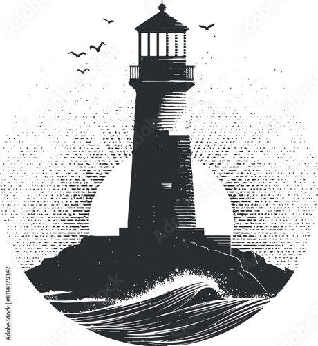 Monochrome illustration of a lighthouse with birds, waves, and sun, evoking a nautical theme.