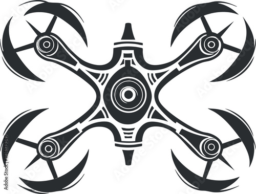 Black and white geometric illustration of a drone with four propellers in silhouette style.