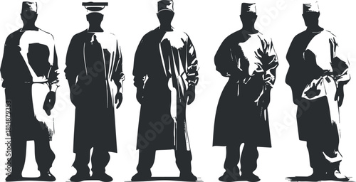 Silhouettes of medical professionals in surgical attire standing in a group, black and white illustration.