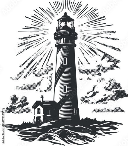 Black and white lighthouse illustration with sunburst, standing tall against a dramatic sky.