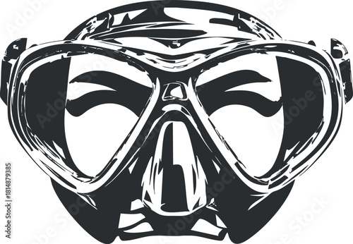 Black and white illustration of a diving mask, essential gear for underwater activities.