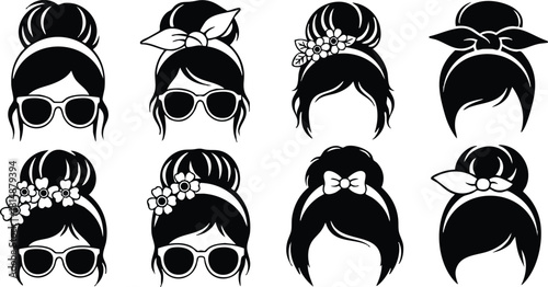 Various stylish hairstyles featuring sunglasses and decorative accessories for trendy women 