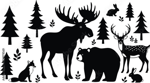 Forest animals including moose, bear, deer, and rabbit in a natural landscape with trees 