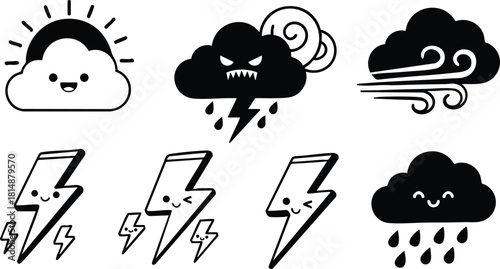 Weather icon collection featuring cheerful clouds, lightning bolts, and stormy elements for creative projects 