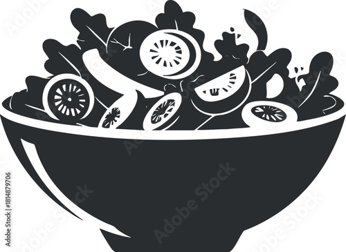 Monochrome illustration of a fresh vegetable salad in a bowl, featuring tomatoes and greens.