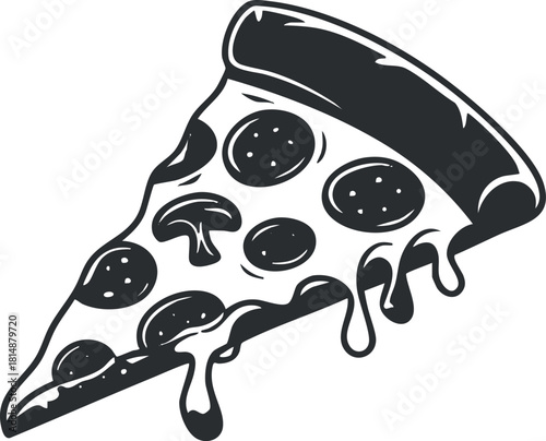 Black and white illustration of a pepperoni pizza slice with melting cheese.