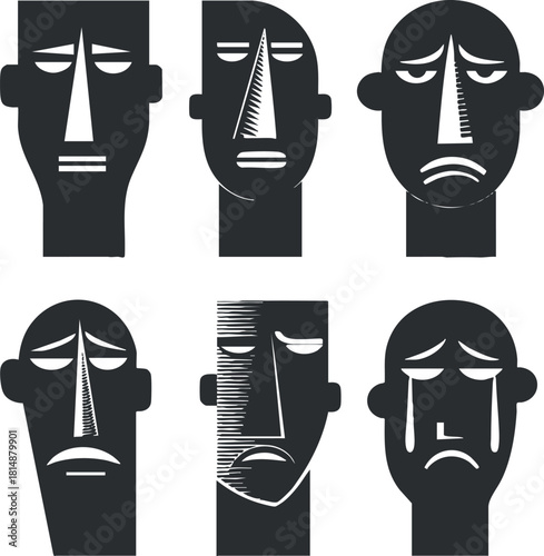 Black and white illustration of six abstract faces expressing sadness and despair.
