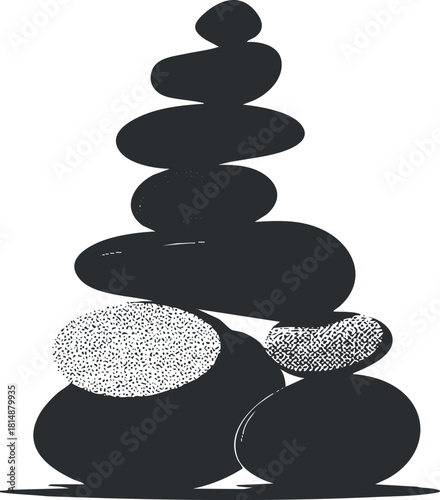 Monochrome illustration of stacked stones symbolizing balance, harmony, and tranquility in nature.