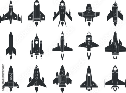 A collection of various rocket and spacecraft silhouettes in black on a white background.