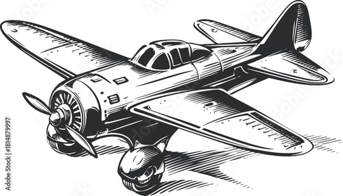 Black and white illustration of a vintage airplane with propeller and wings in classic style.