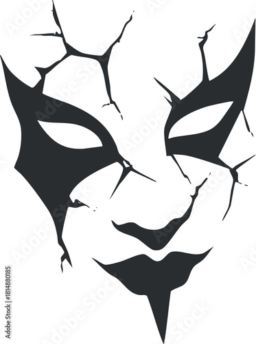 Abstract black and white cracked face mask design with a mysterious and haunting expression.
