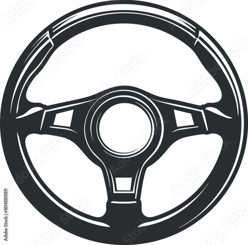 Black and white illustration of a classic steering wheel, commonly used in automotive design.