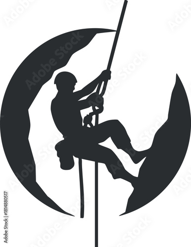 Silhouette of a person rappelling down a rope in a circular design illustration.