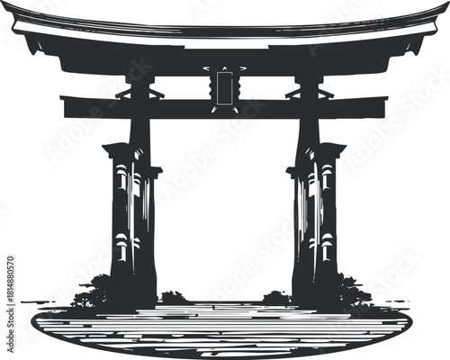 Black and white vector illustration of a traditional Japanese torii gate, symbolizing cultural heritage.