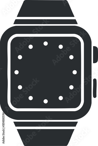 Black and white illustration of a minimalist smartwatch design with a blank screen.