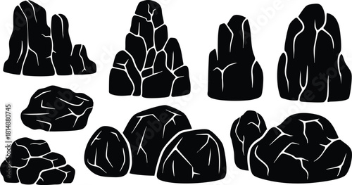 Various black rock formations illustrated in vector style for landscape design and artistic projects 