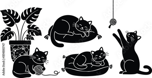 Playful cats enjoying cozy moments with yarn and plants in a charming illustration 