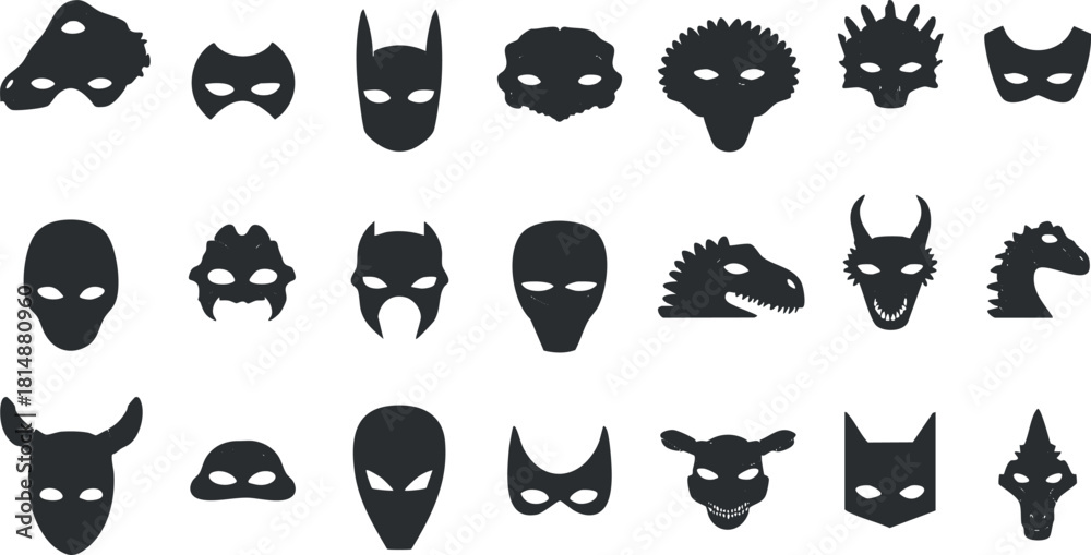 Naklejka premium Collection of various costume masks depicting animals, superheroes, and mythical creatures in silhouette.