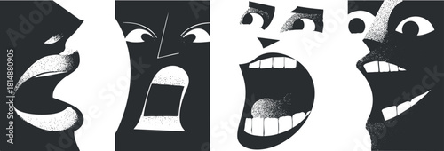 Abstract black and white illustration of expressive faces with bold contrast and dynamic shapes.