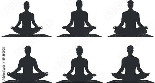 Silhouette illustrations of six people meditating in lotus pose, symbolizing relaxation and mindfulness.