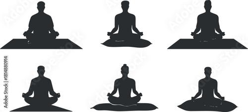 Silhouettes of people practicing yoga and meditation in various seated poses on mats.