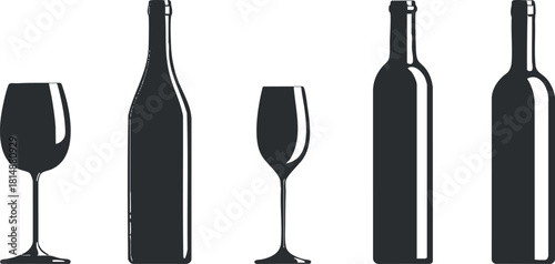 Silhouette illustration of wine bottles and glasses in black and white, ideal for design use.