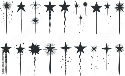 Collection of black star-shaped magic wand silhouettes with varying designs and sparkles.