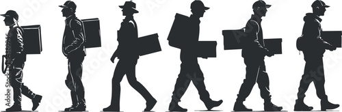 Silhouette illustration of delivery workers walking with packages, showcasing logistics and courier service.