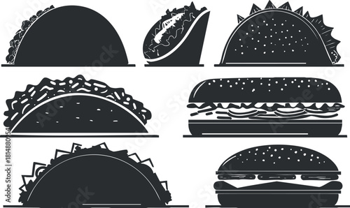 Black and white silhouettes of tacos and burgers in various styles and shapes.