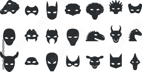 Collection of various costume masks depicting animals, superheroes, and mythical creatures in silhouette.