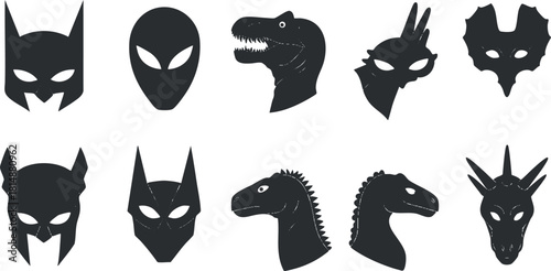 Silhouettes of various masks including superheroes, dinosaurs, and dragons on a white background.