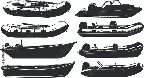 Silhouette illustrations of various inflatable boats and motorboats for marine and nautical designs.