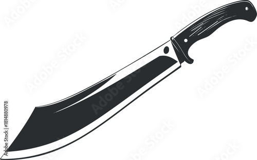 Black and white illustration of a machete with a sharp blade and ergonomic handle.