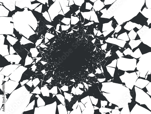 Abstract black and white shattered glass design with dynamic jagged edges and chaotic pattern.