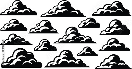 Cloud illustrations featuring various sizes and shapes suitable for graphic design and creative projects 